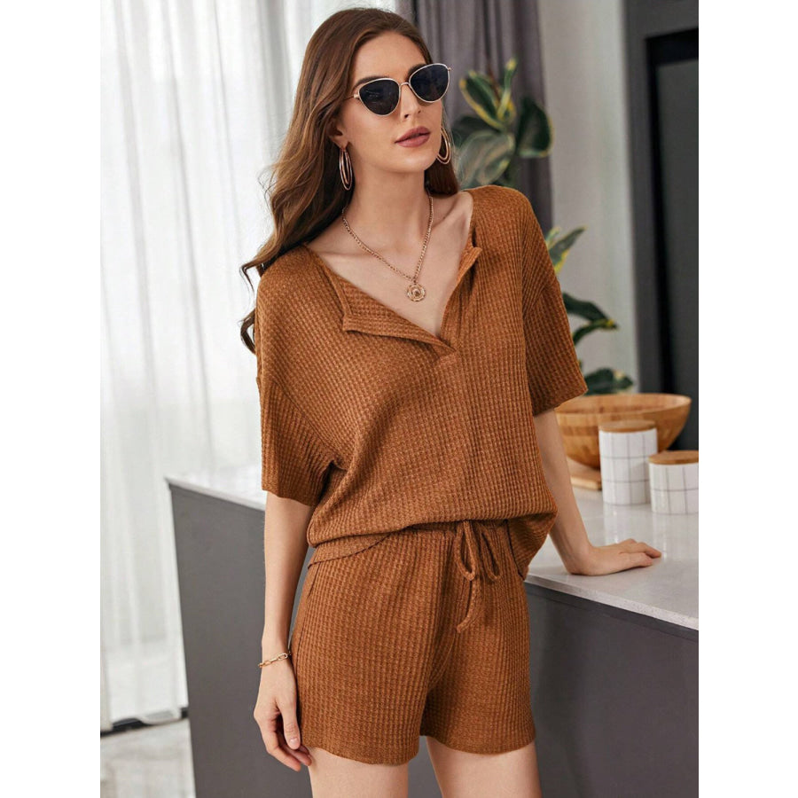 Full Size Waffle - Knit Dropped Shoulder Top and Shorts Set Ochre / S Apparel and Accessories