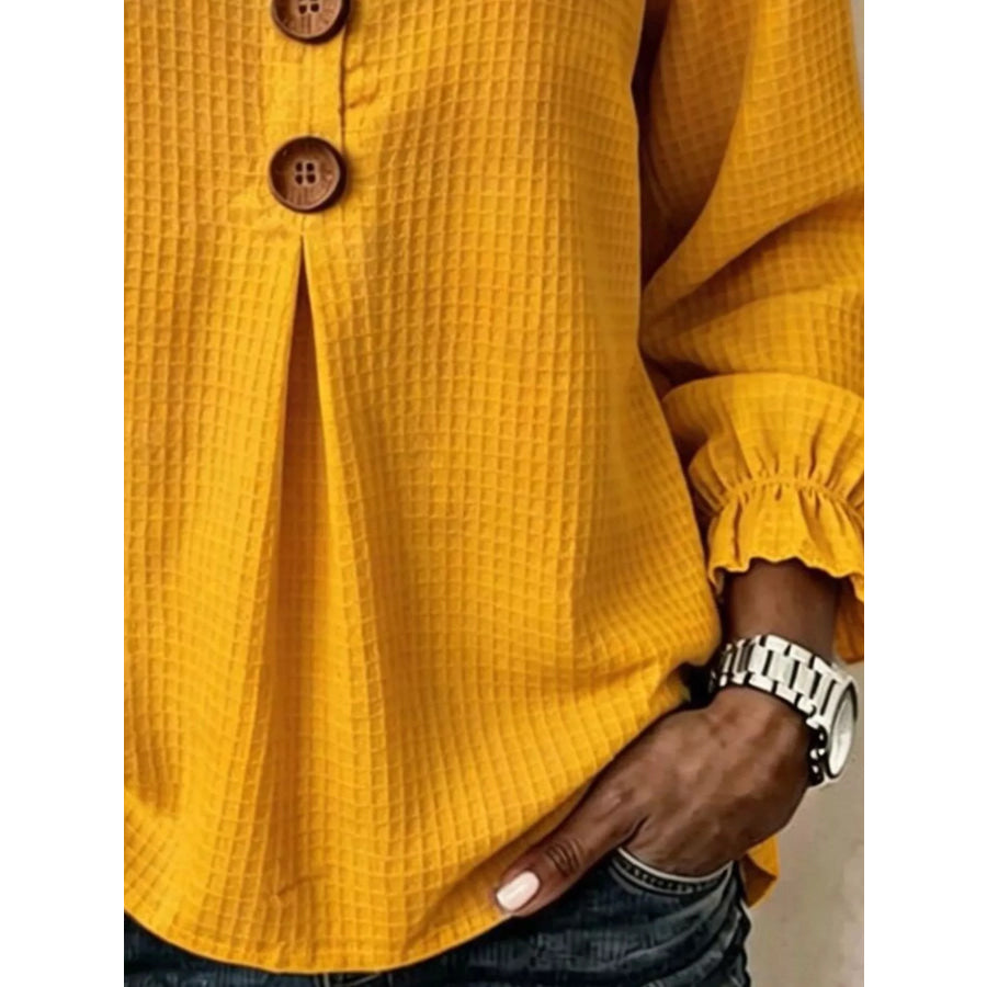 Full Size Waffle Knit Flounce Sleeve Blouse Plus Apparel and Accessories