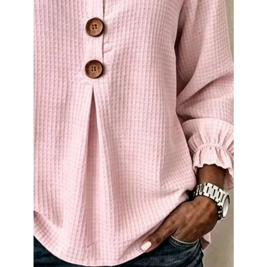 Full Size Waffle Knit Flounce Sleeve Blouse Plus Apparel and Accessories
