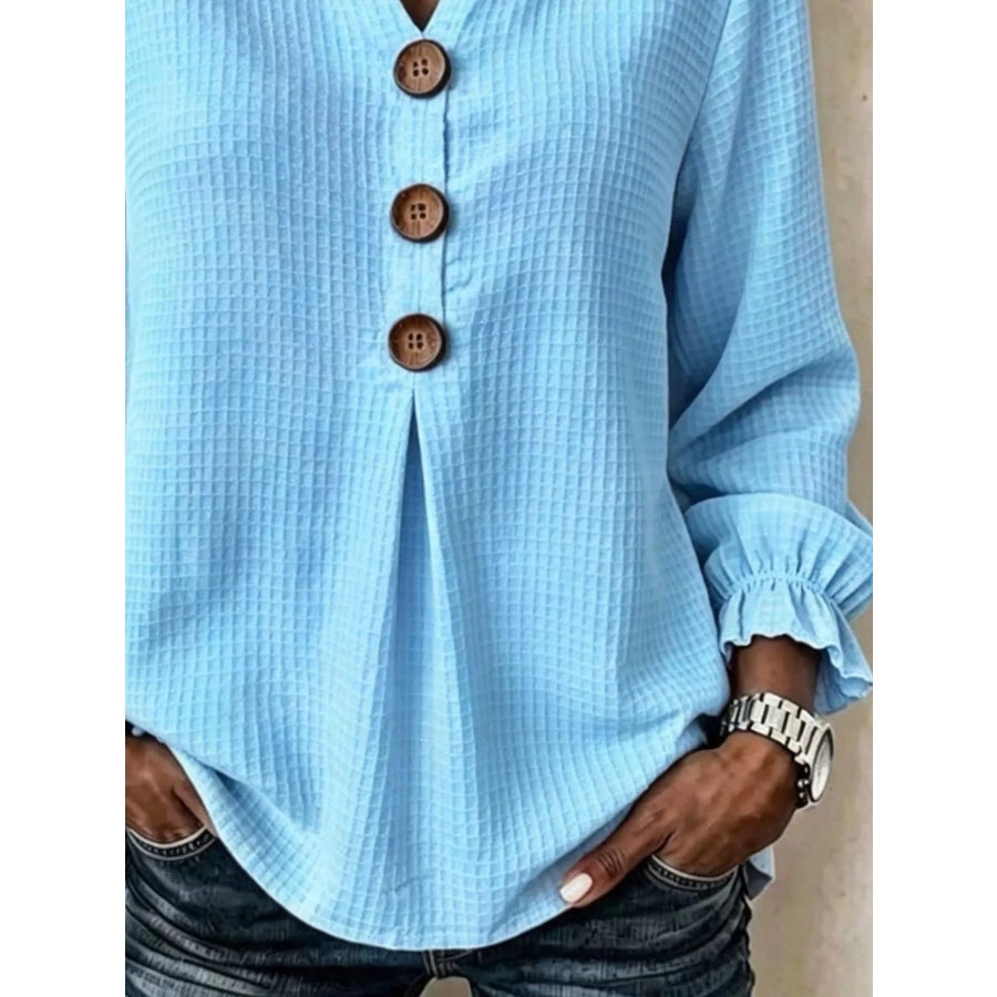 Full Size Waffle Knit Flounce Sleeve Blouse Plus Apparel and Accessories