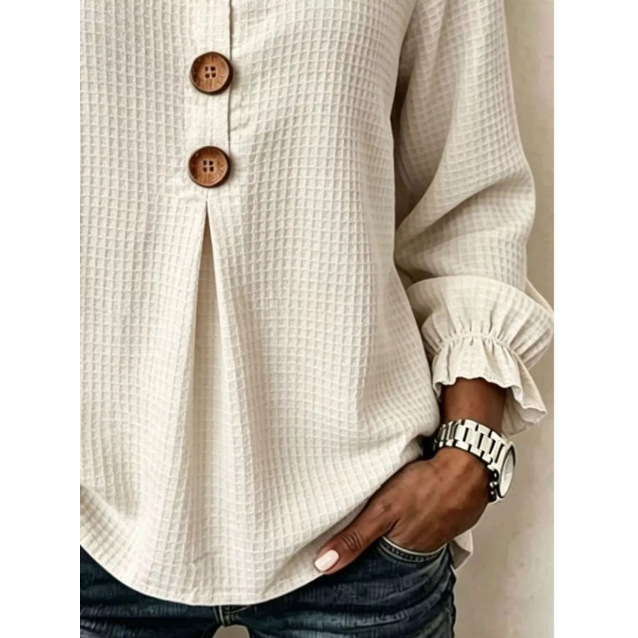 Full Size Waffle Knit Flounce Sleeve Blouse Plus Apparel and Accessories
