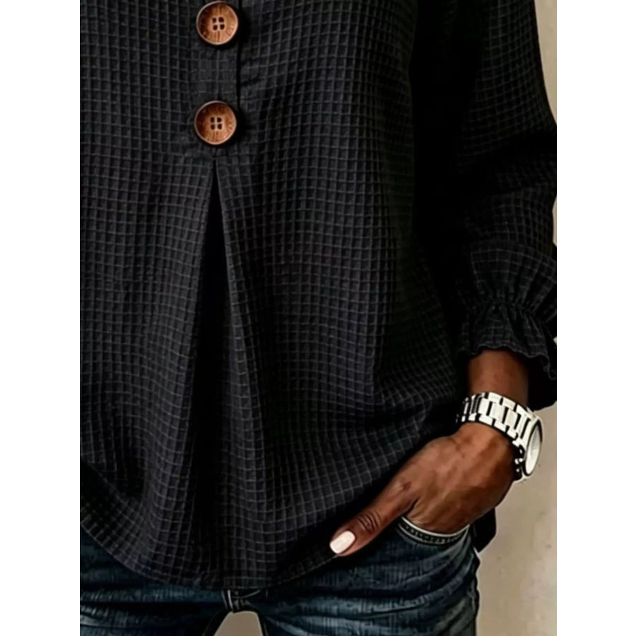 Full Size Waffle Knit Flounce Sleeve Blouse Plus Apparel and Accessories