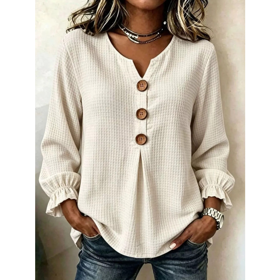 Full Size Waffle Knit Flounce Sleeve Blouse Plus Beige / S Apparel and Accessories