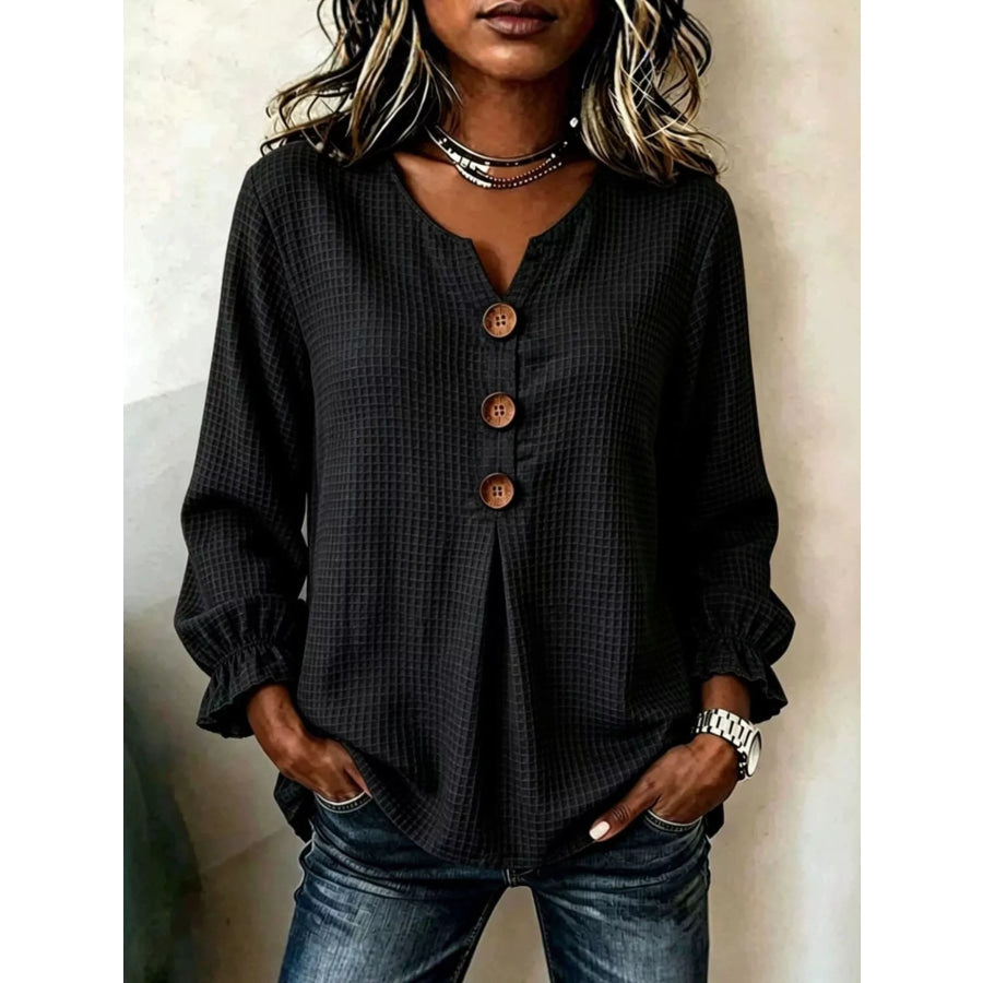 Full Size Waffle Knit Flounce Sleeve Blouse Plus Black / S Apparel and Accessories