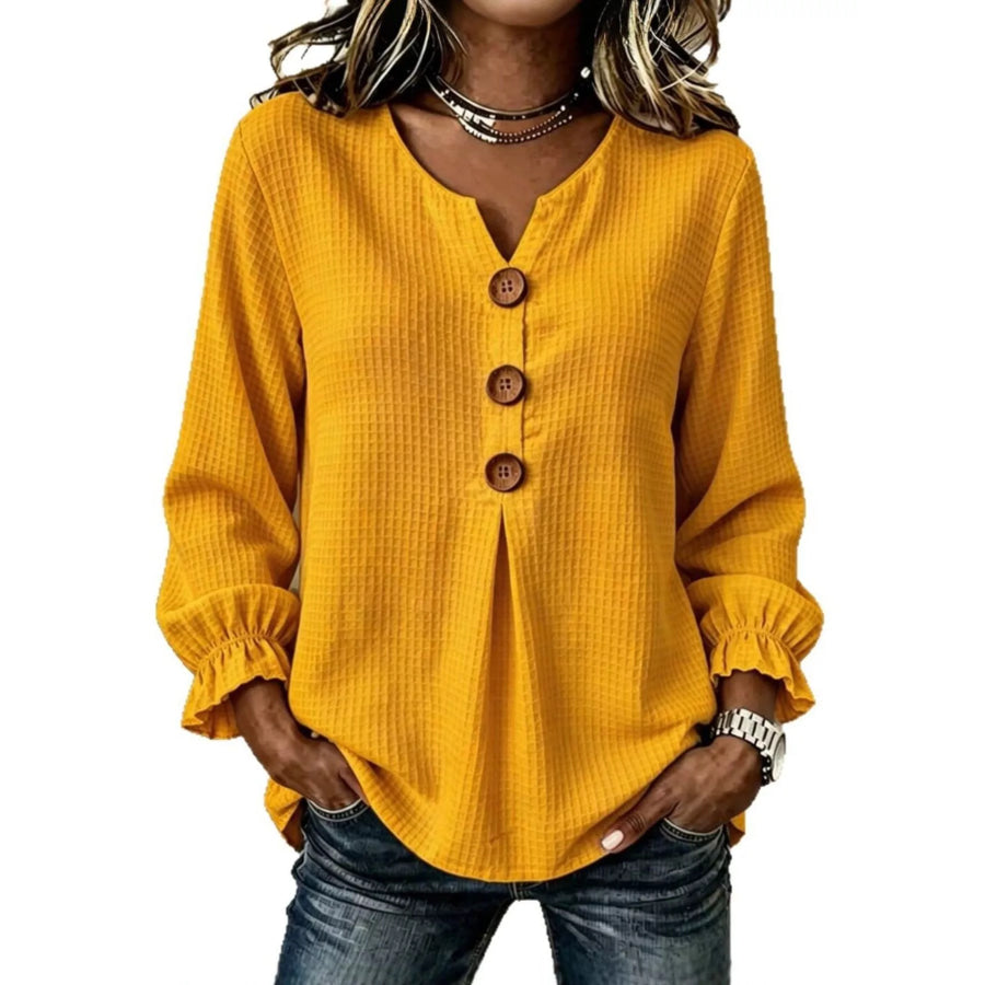 Full Size Waffle Knit Flounce Sleeve Blouse Plus Mustard / S Apparel and Accessories