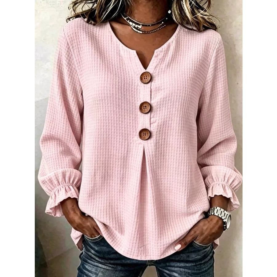 Full Size Waffle Knit Flounce Sleeve Blouse Plus Pink / S Apparel and Accessories