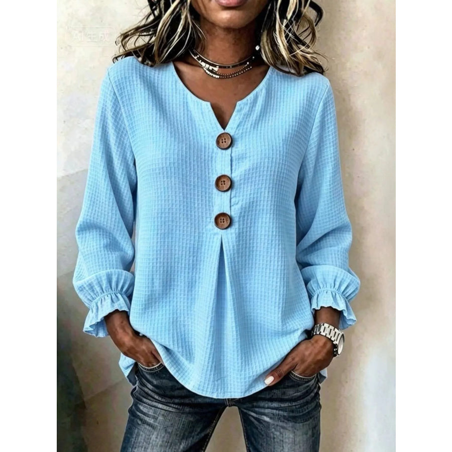 Full Size Waffle Knit Flounce Sleeve Blouse Plus Sky Blue / S Apparel and Accessories