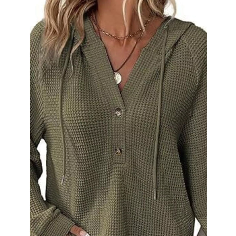Full Size Waffle Knit Half-Button Hoodie Plus Size Apparel and Accessories