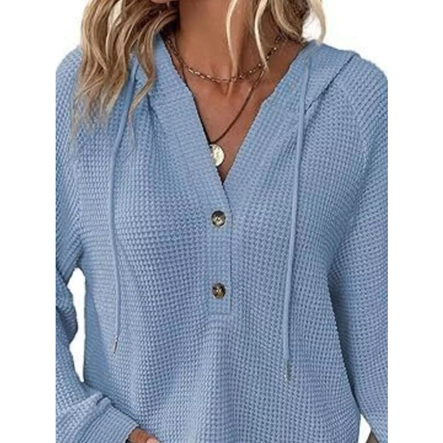 Full Size Waffle Knit Half-Button Hoodie Plus Size Apparel and Accessories