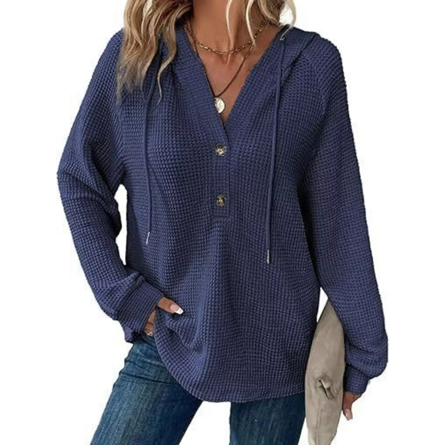 Full Size Waffle Knit Half-Button Hoodie Plus Size Blue / S Apparel and Accessories