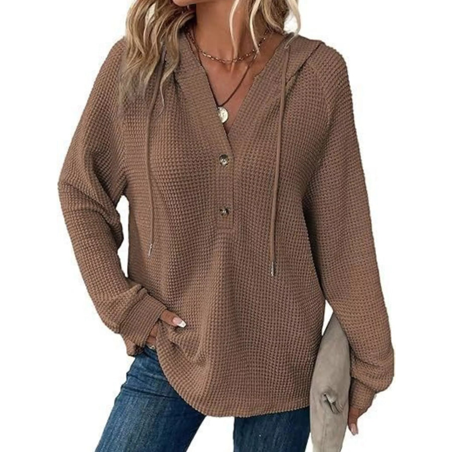 Full Size Waffle Knit Half-Button Hoodie Plus Size Brown / S Apparel and Accessories