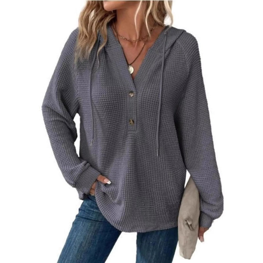 Full Size Waffle Knit Half-Button Hoodie Plus Size Dark Gray / S Apparel and Accessories