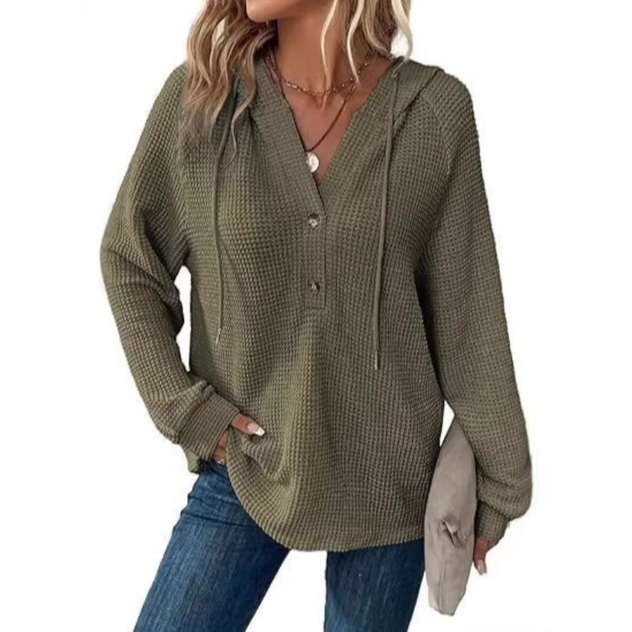 Full Size Waffle Knit Half-Button Hoodie Plus Size Green / S Apparel and Accessories