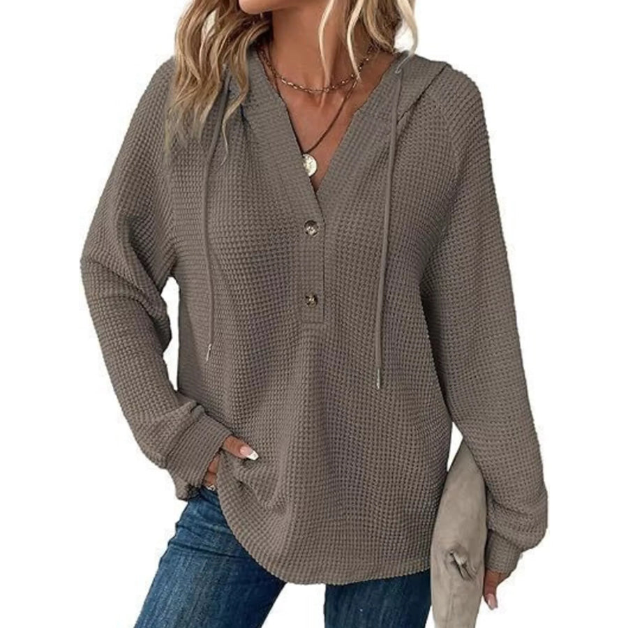 Full Size Waffle Knit Half-Button Hoodie Plus Size Grey / S Apparel and Accessories