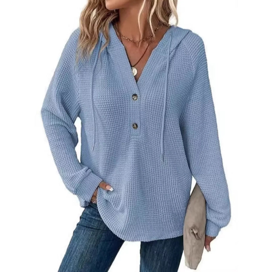 Full Size Waffle Knit Half-Button Hoodie Plus Size Light Blue / S Apparel and Accessories