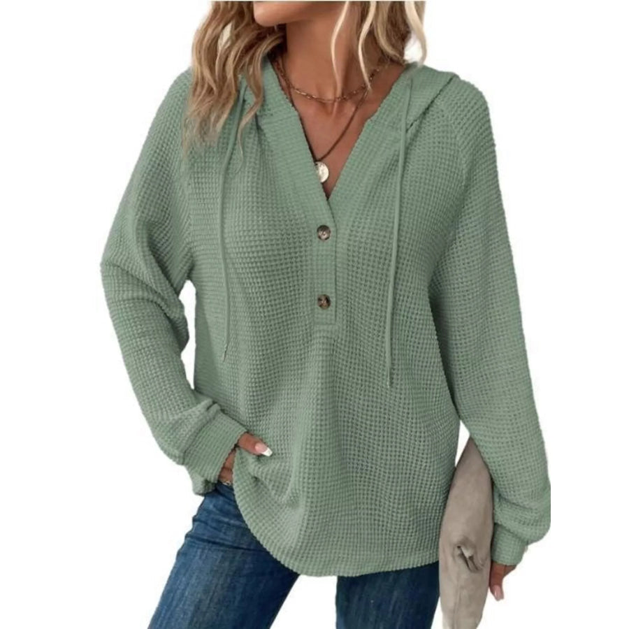Full Size Waffle Knit Half-Button Hoodie Plus Size Light Green / S Apparel and Accessories