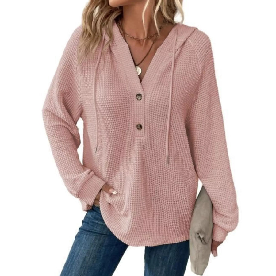 Full Size Waffle Knit Half-Button Hoodie Plus Size Pink / S Apparel and Accessories