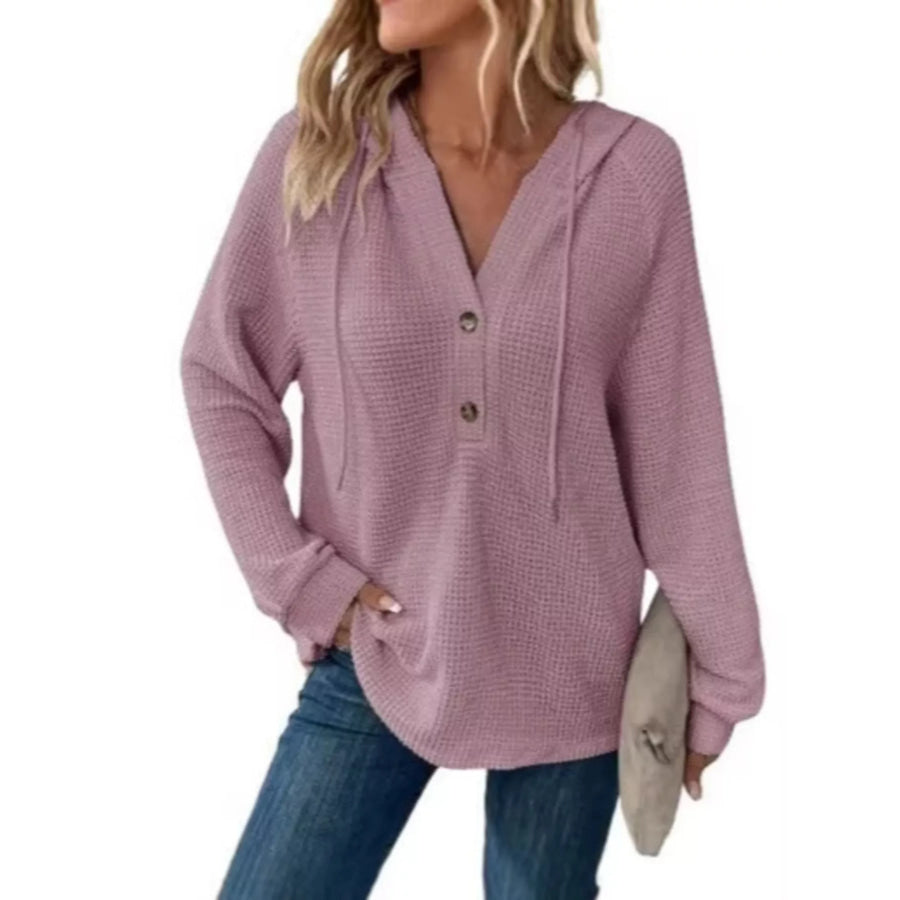 Full Size Waffle Knit Half-Button Hoodie Plus Size Purple Red / S Apparel and Accessories