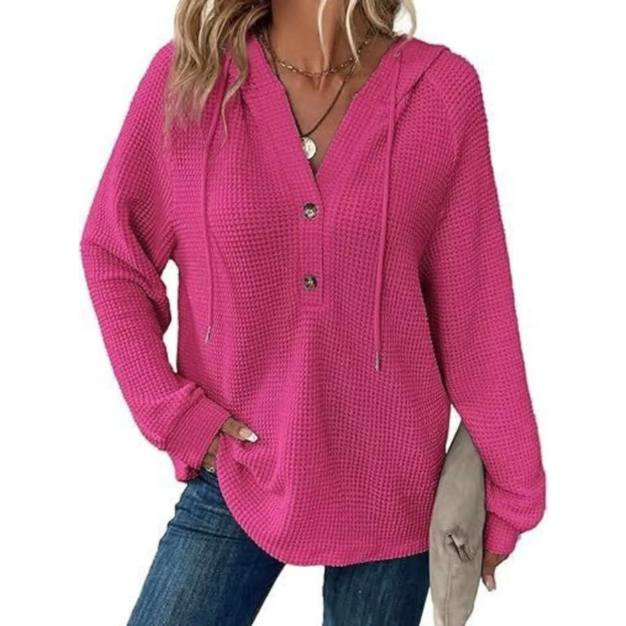 Full Size Waffle Knit Half-Button Hoodie Plus Size Rose Red / S Apparel and Accessories
