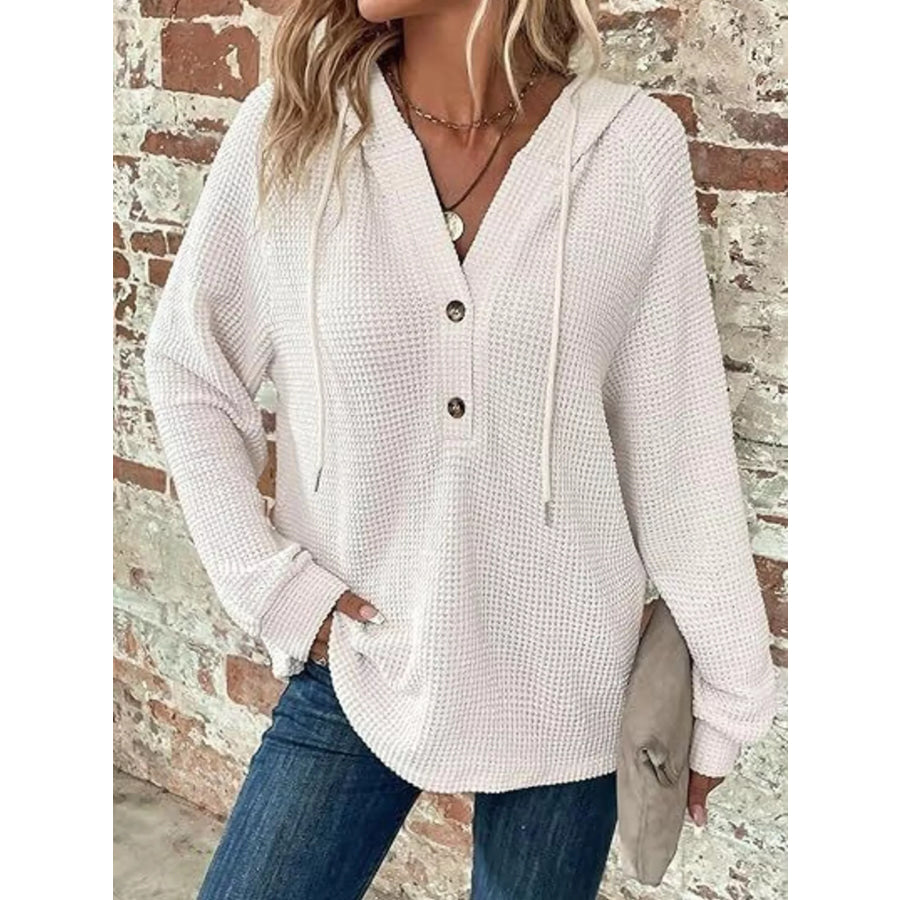 Full Size Waffle Knit Half-Button Hoodie Plus Size White / S Apparel and Accessories