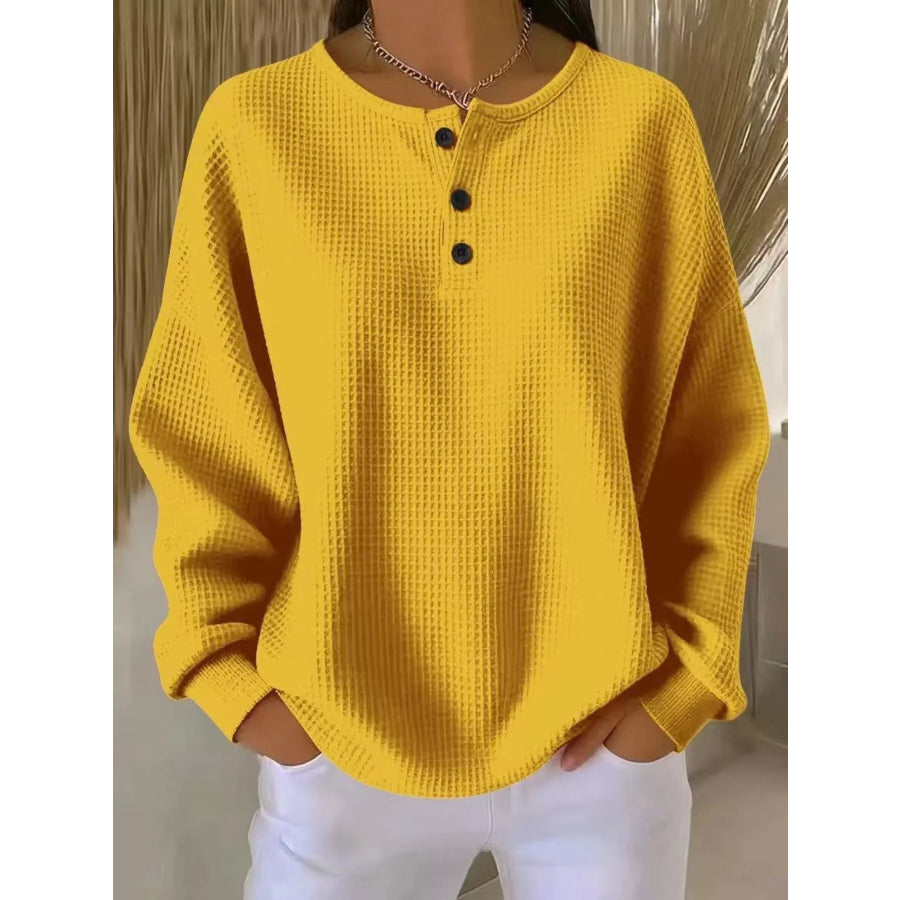 Full Size Waffle Knit Half Button T-Shirt Plus Size Yellow / S Apparel and Accessories