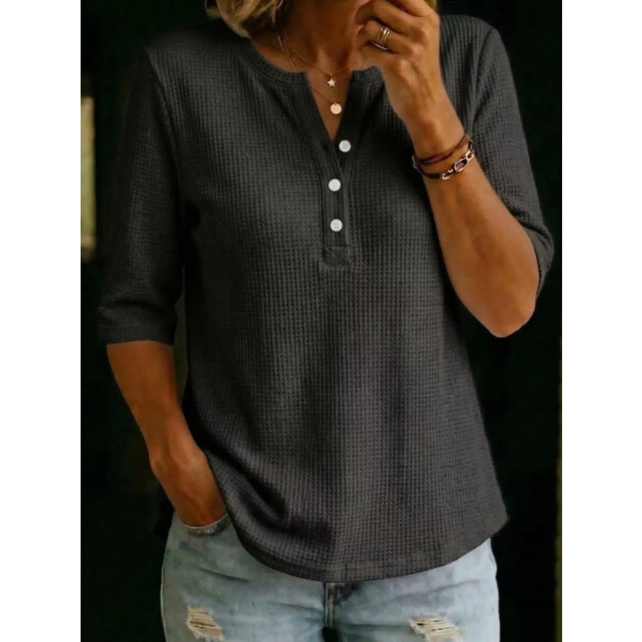 Full Size Waffle Knit Henley T-Shirt Plus Size Black / XS Apparel and Accessories