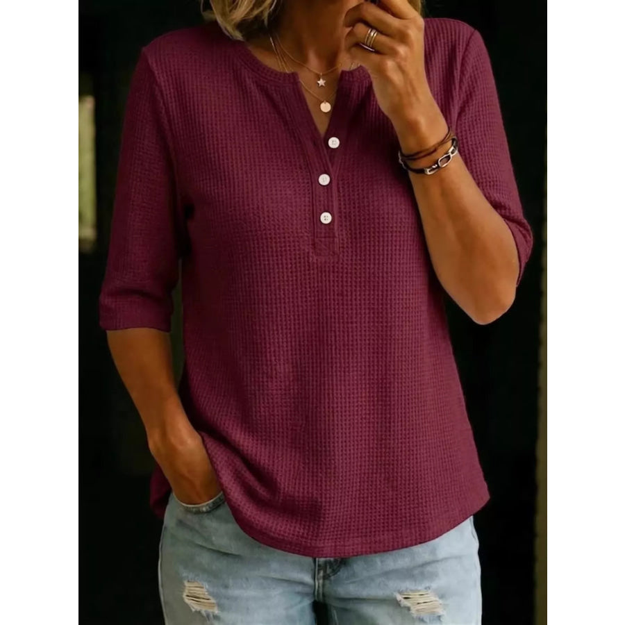 Full Size Waffle Knit Henley T-Shirt Plus Size Burgundy / XS Apparel and Accessories