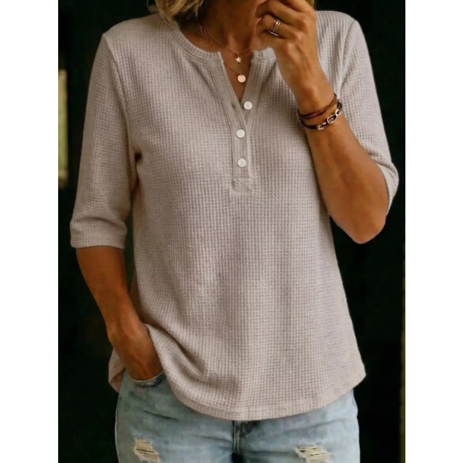 Full Size Waffle Knit Henley T-Shirt Plus Size Khaki / XS Apparel and Accessories