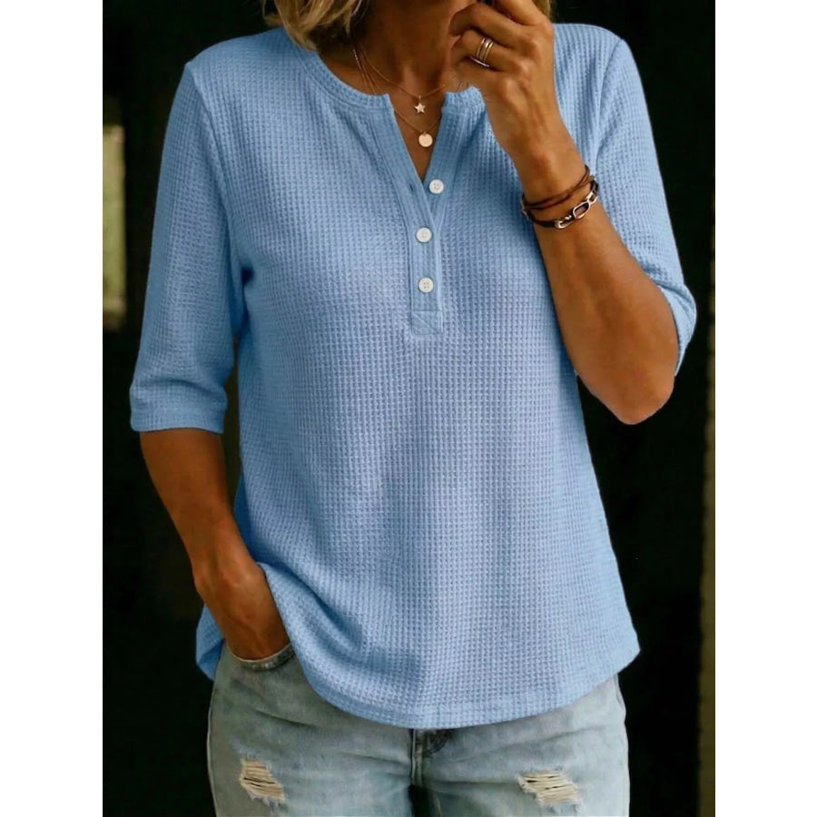 Full Size Waffle Knit Henley T-Shirt Plus Size Light Blue / XS Apparel and Accessories