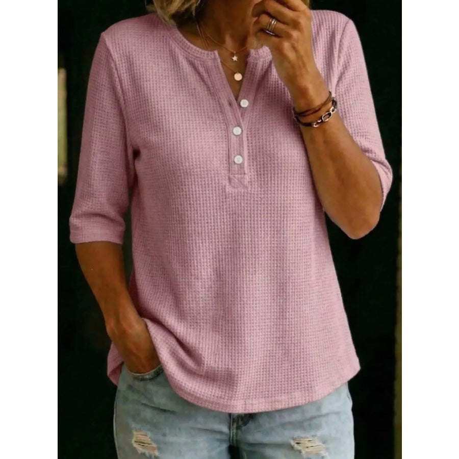 Full Size Waffle Knit Henley T-Shirt Plus Size Pink / XS Apparel and Accessories