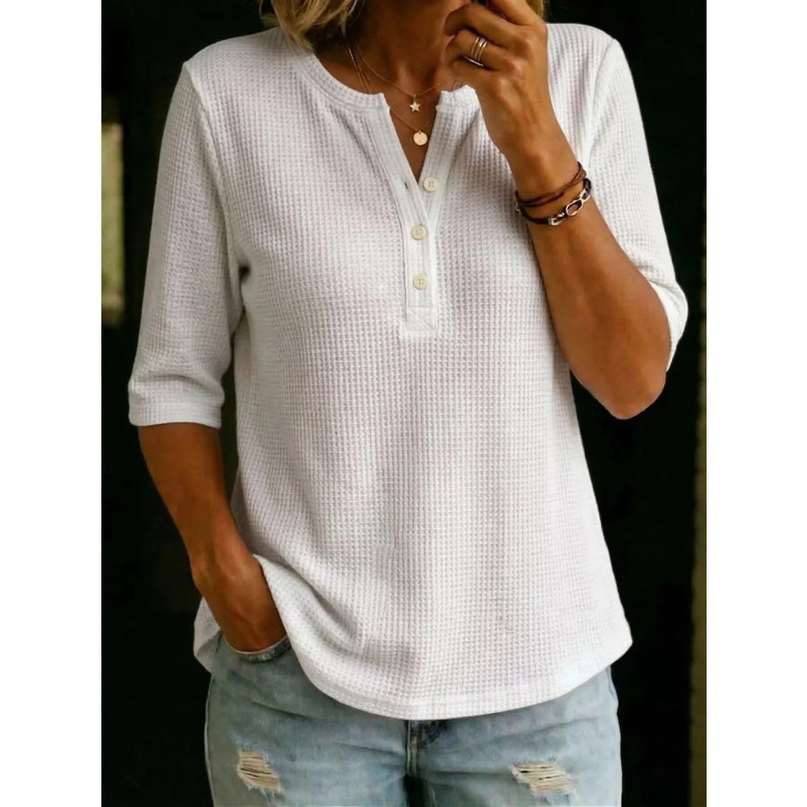 Full Size Waffle Knit Henley T-Shirt Plus Size White / XS Apparel and Accessories