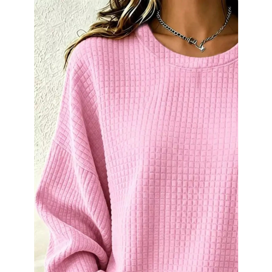 Full Size Waffle Knit Long Sleeve Crew Neck Sweatshirt Plus Apparel and Accessories