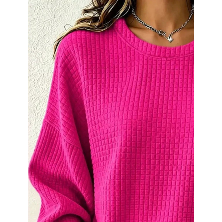 Full Size Waffle Knit Long Sleeve Crew Neck Sweatshirt Plus Apparel and Accessories