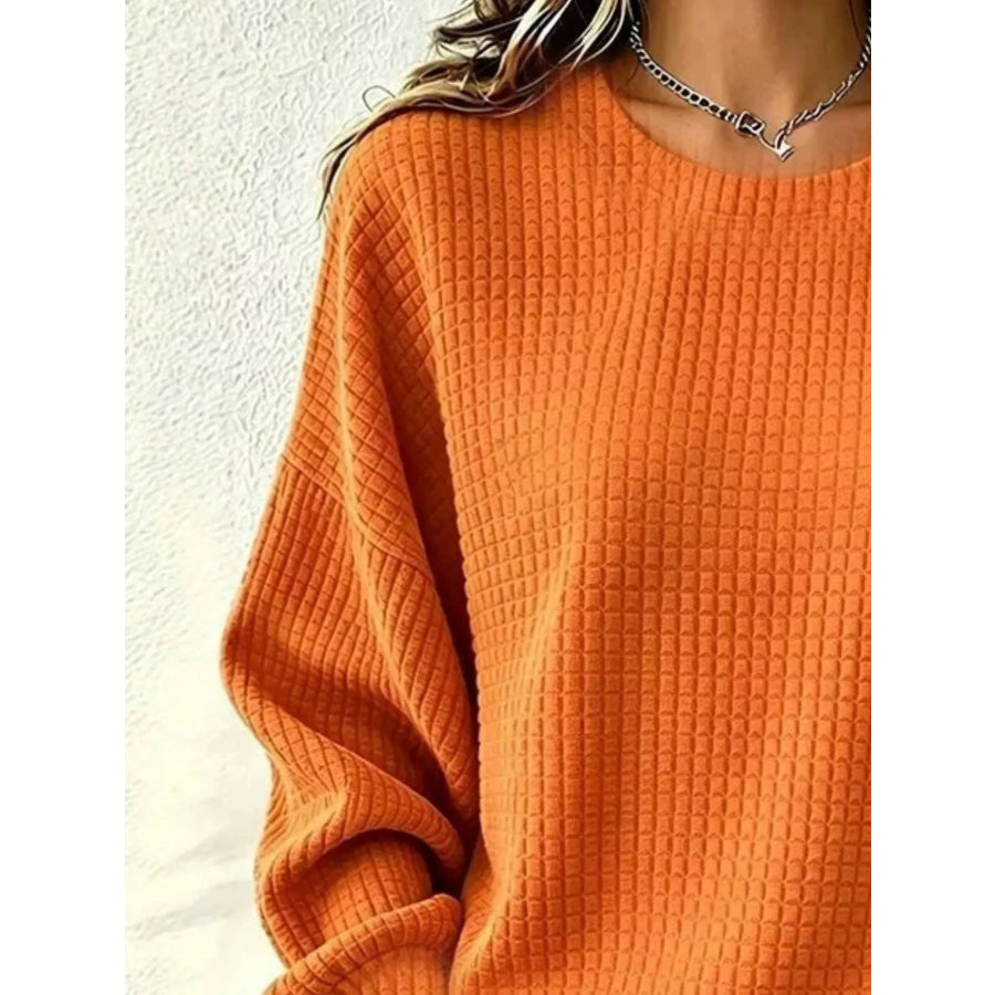 Full Size Waffle Knit Long Sleeve Crew Neck Sweatshirt Plus Apparel and Accessories