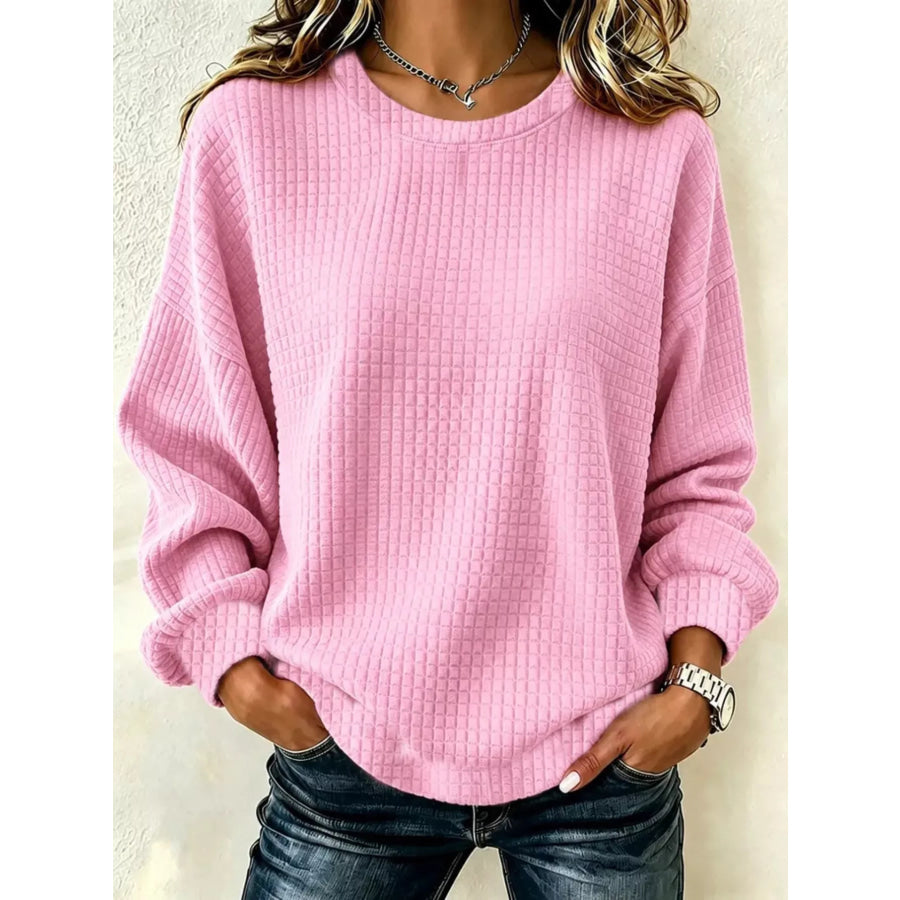 Full Size Waffle Knit Long Sleeve Crew Neck Sweatshirt Plus Pink / S Apparel and Accessories