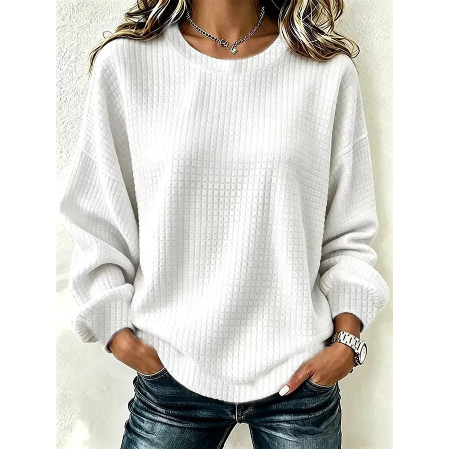 Full Size Waffle Knit Long Sleeve Crew Neck Sweatshirt Plus White / S Apparel and Accessories