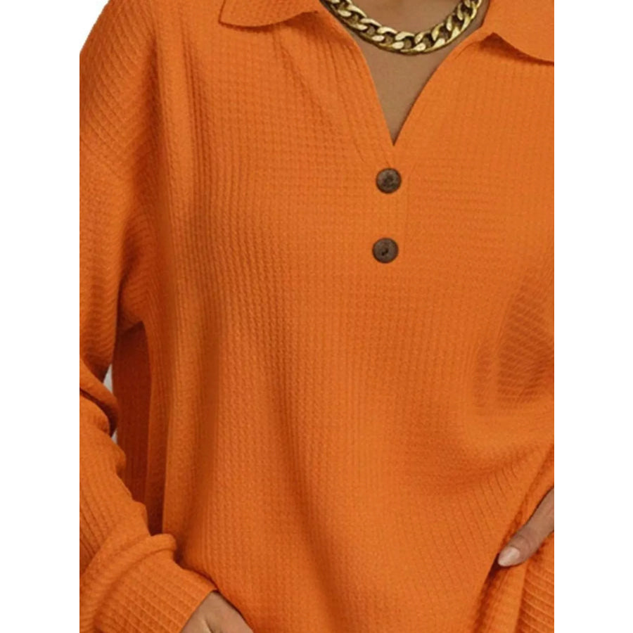 Full Size Waffle Knit Long Sleeve Polo Top Plus Apparel and Accessories
