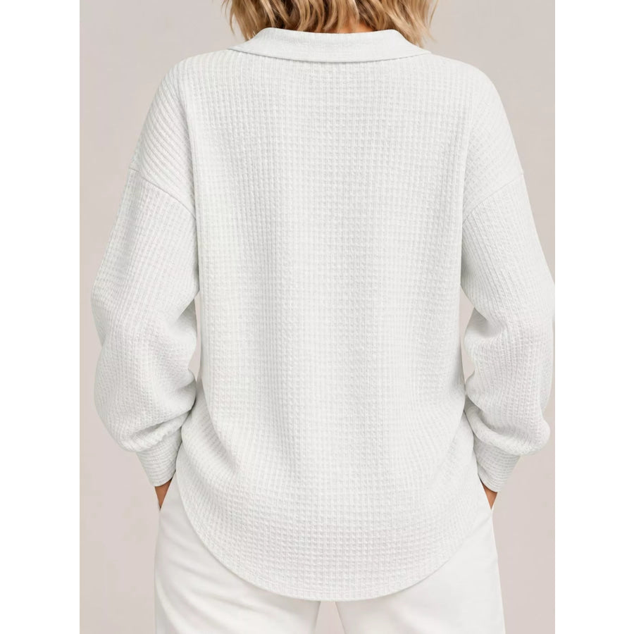 Full Size Waffle Knit Long Sleeve Polo Top Plus Apparel and Accessories