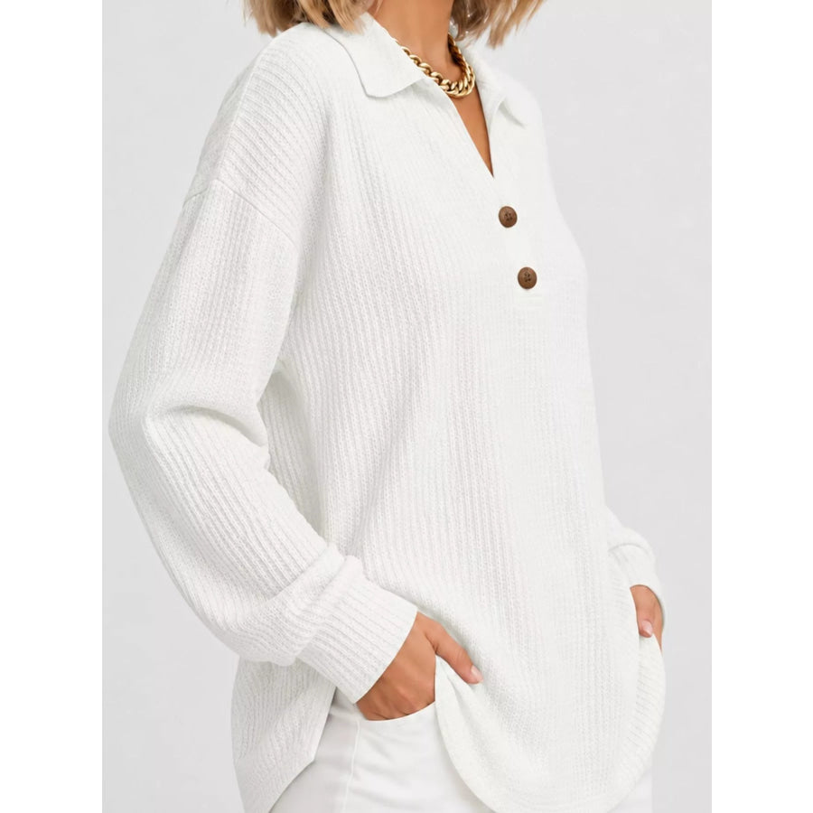 Full Size Waffle Knit Long Sleeve Polo Top Plus Apparel and Accessories