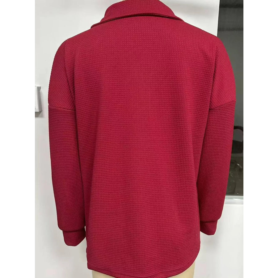 Full Size Waffle Knit Long Sleeve Polo Top Plus Apparel and Accessories
