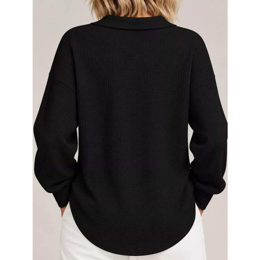 Full Size Waffle Knit Long Sleeve Polo Top Plus Apparel and Accessories