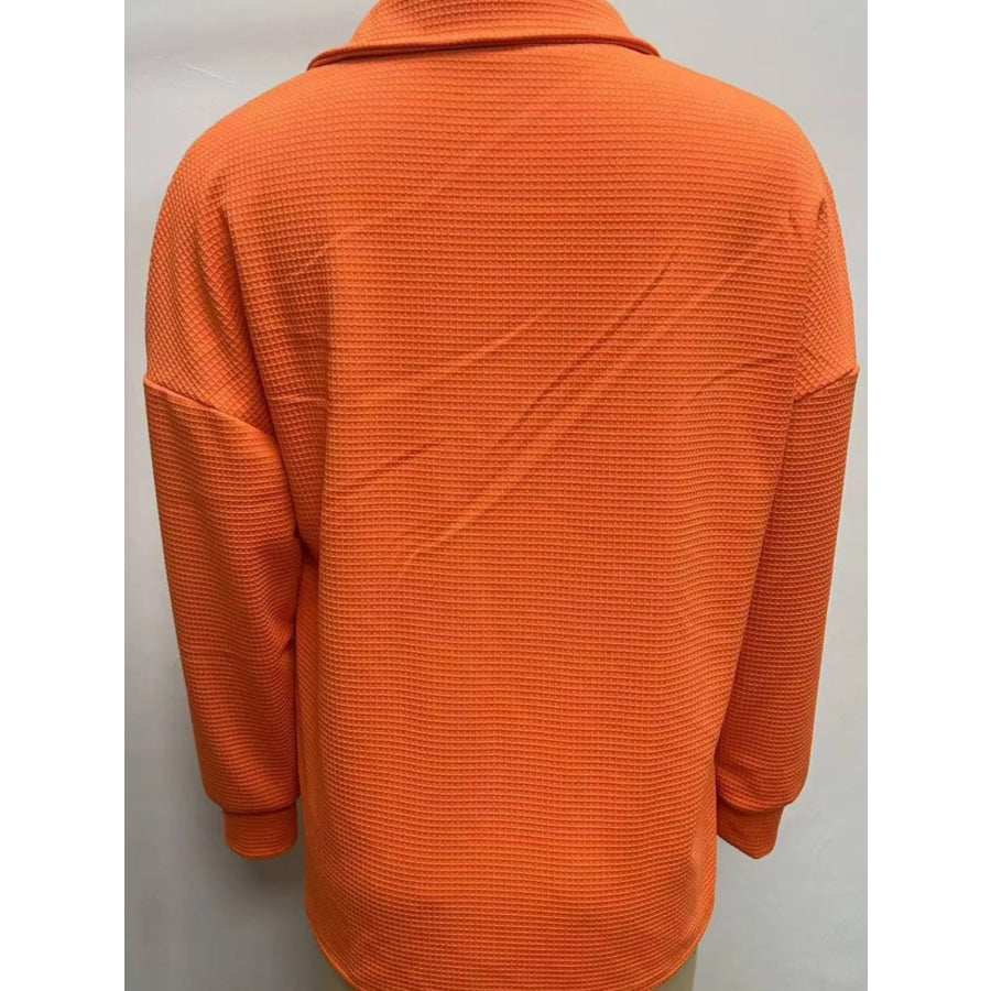 Full Size Waffle Knit Long Sleeve Polo Top Plus Apparel and Accessories