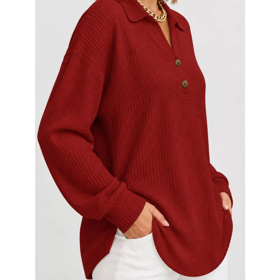 Full Size Waffle Knit Long Sleeve Polo Top Plus Apparel and Accessories
