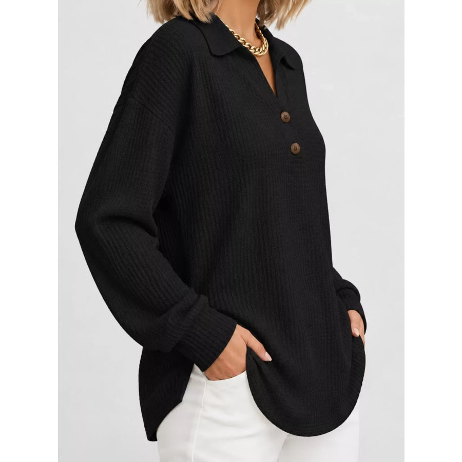Full Size Waffle Knit Long Sleeve Polo Top Plus Apparel and Accessories