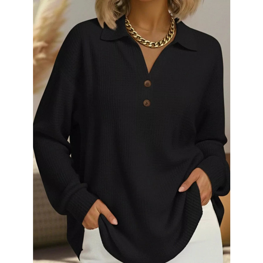 Full Size Waffle Knit Long Sleeve Polo Top Plus Black / S Apparel and Accessories