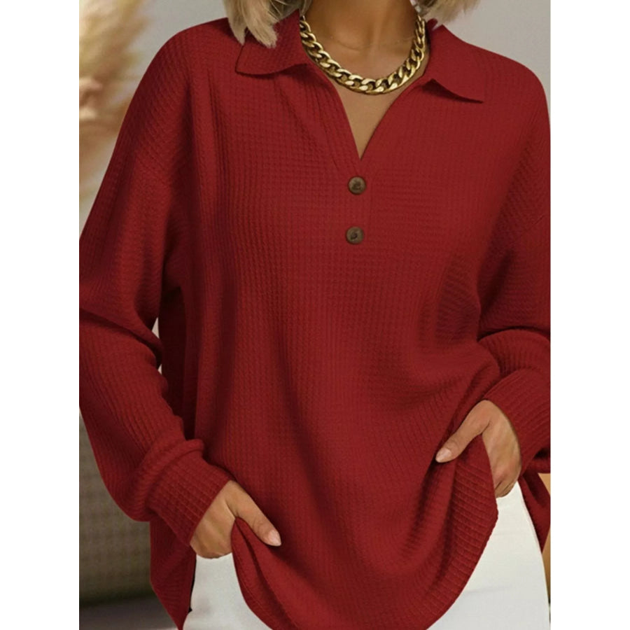 Full Size Waffle Knit Long Sleeve Polo Top Plus Burgundy / S Apparel and Accessories
