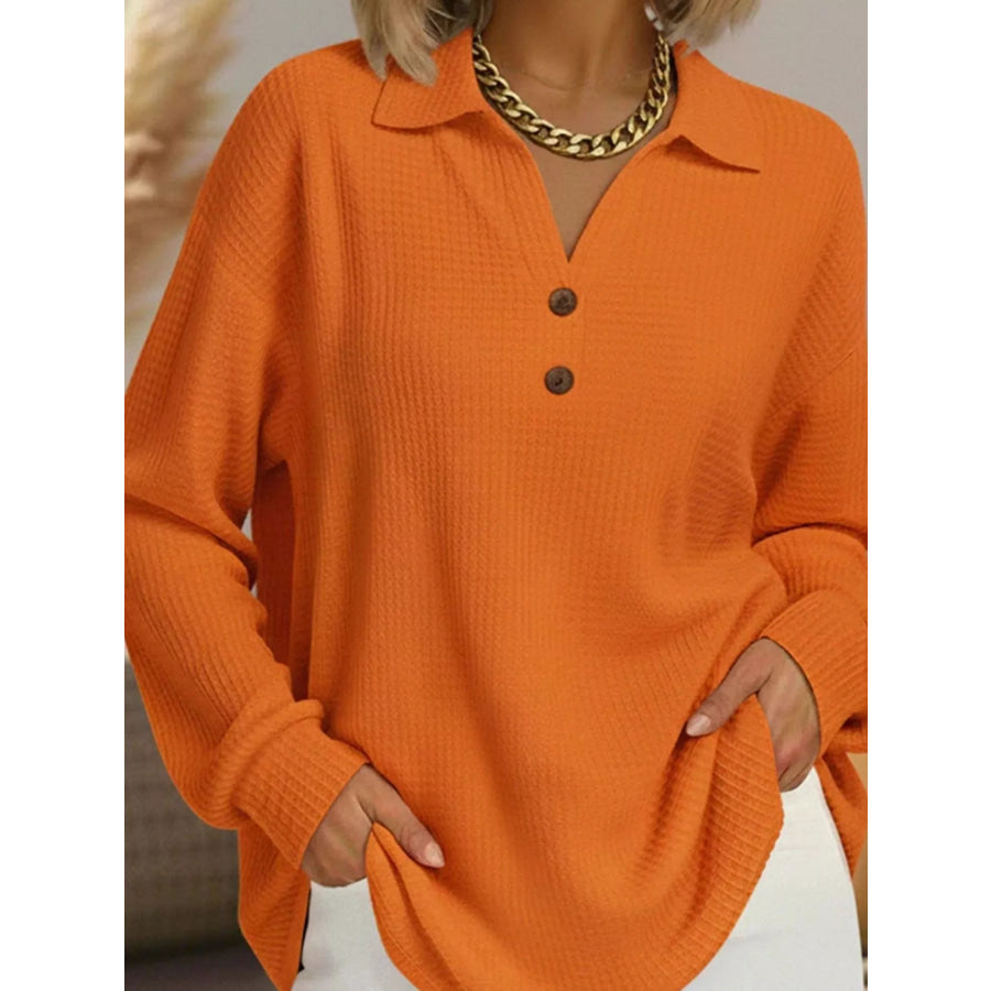 Full Size Waffle Knit Long Sleeve Polo Top Plus Orange Red / S Apparel and Accessories