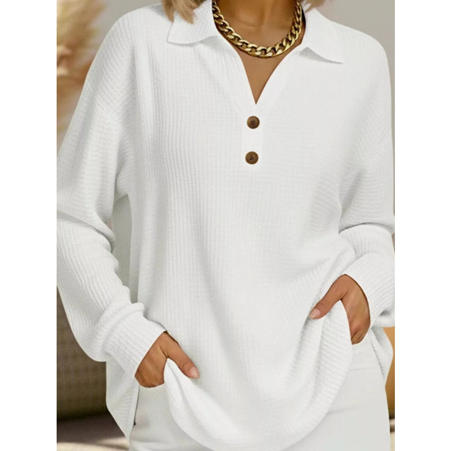 Full Size Waffle Knit Long Sleeve Polo Top Plus White / S Apparel and Accessories