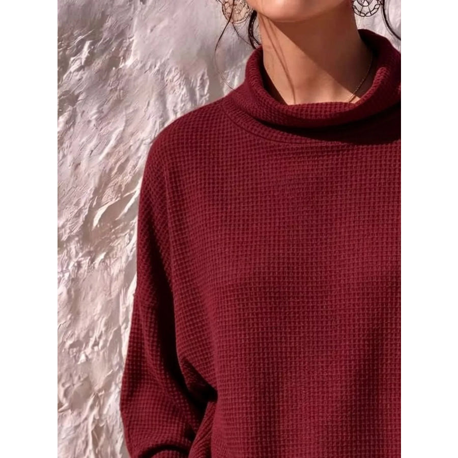 Full Size Waffle Knit Mock Neck Long Sleeve T-Shirt Plus Apparel and Accessories