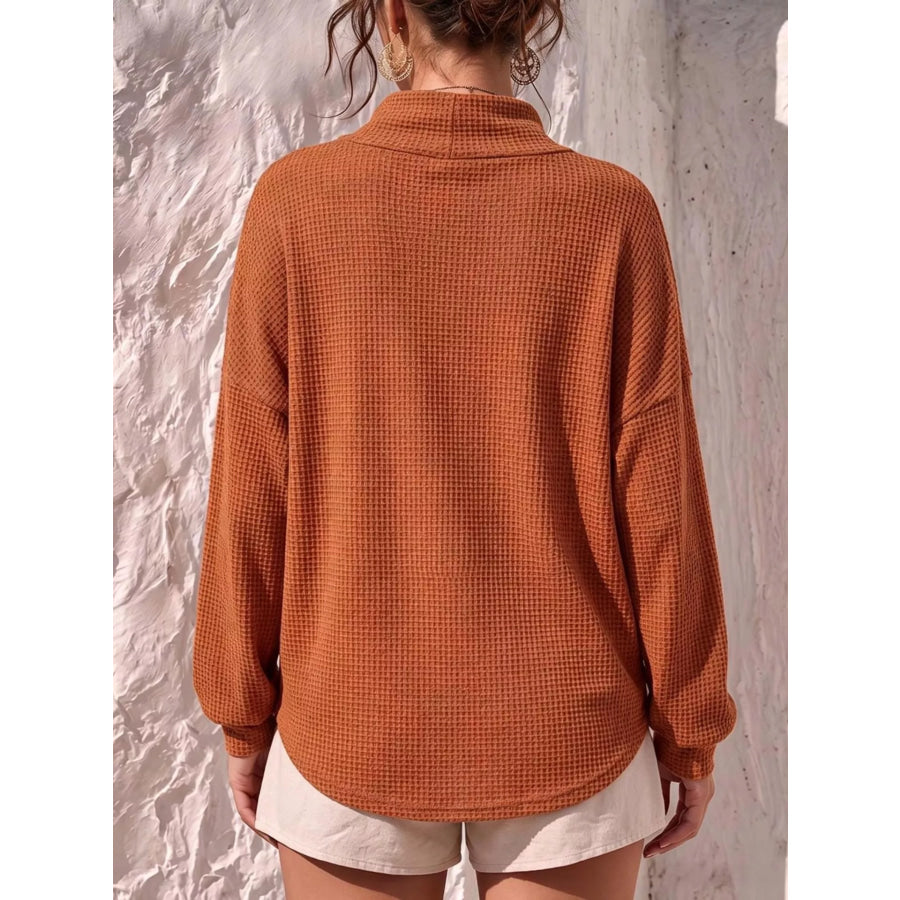 Full Size Waffle Knit Mock Neck Long Sleeve T-Shirt Plus Apparel and Accessories